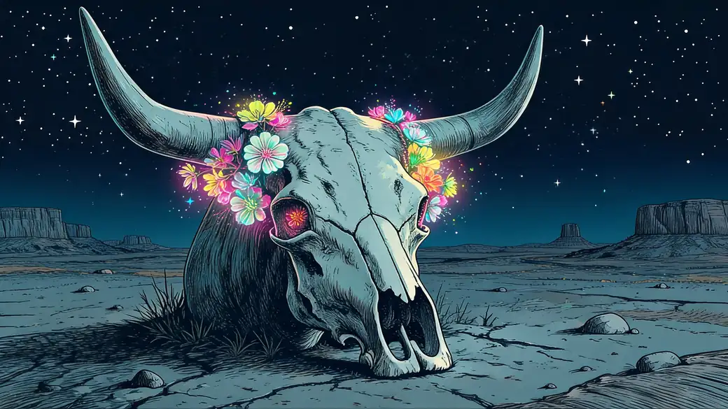 Longhorn Skull With Glowing Wildflowers