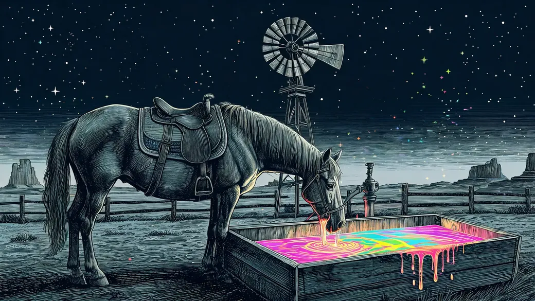 Horse Drinking Beneath A Windmill Pump