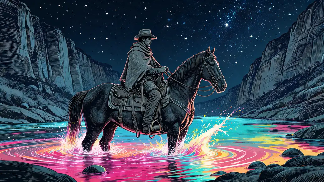 Poncho Rider Crossing a Rainbow River