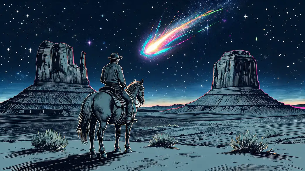 Cowboy Rider Under a Rainbow Comet