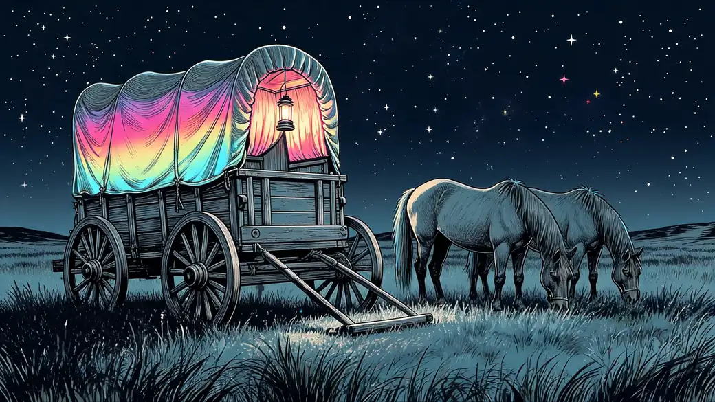 Covered Wagon With a Rainbow Canopy
