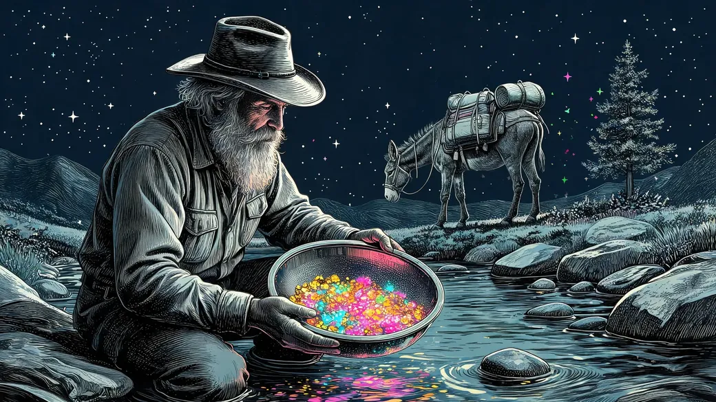 Prospector Panning Gold With His Mule