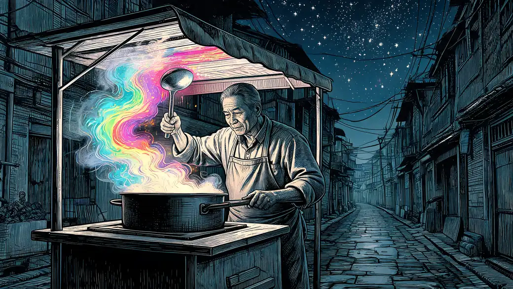 Noodle Cook Stirring A Pot Of Glowing Steam