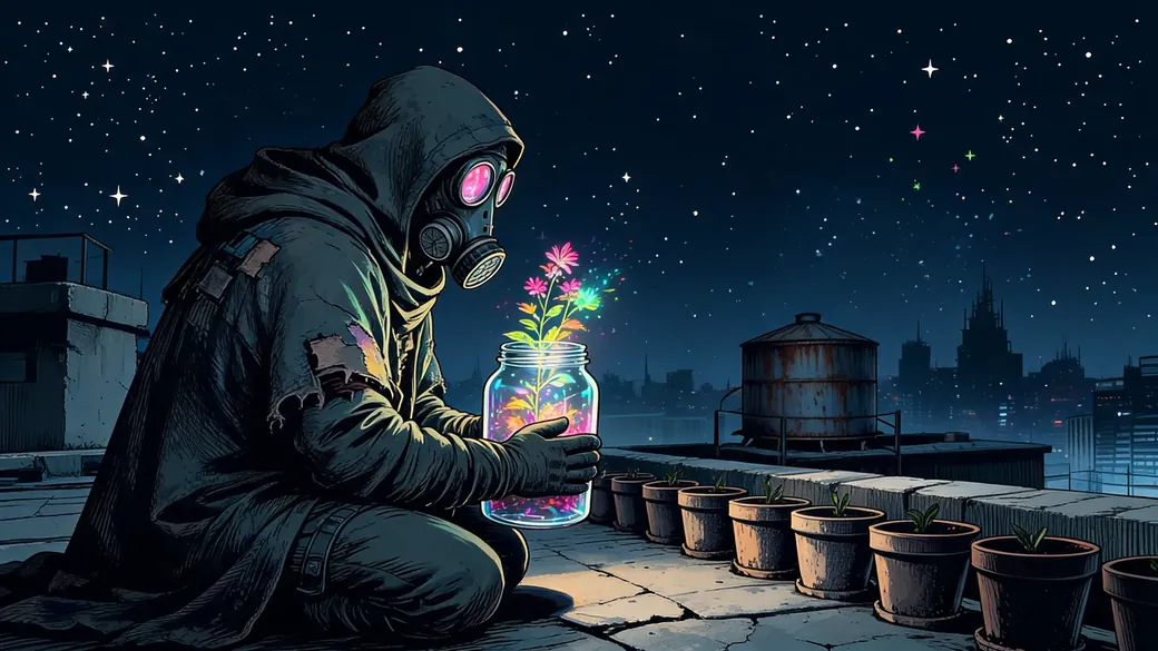 Wanderer Setting A Jar On A Rooftop
