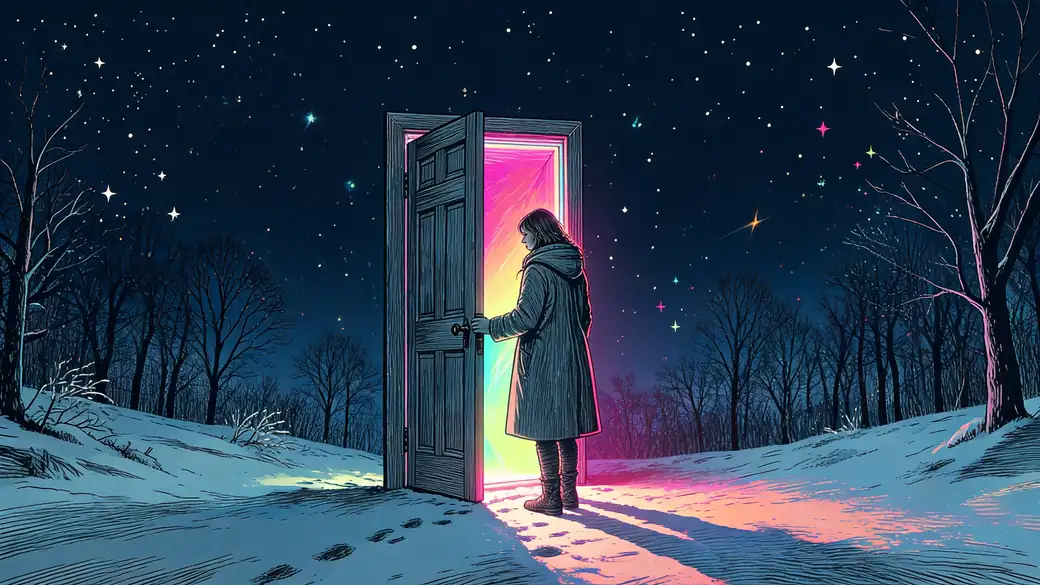 Woman Opening A Glowing Door In A Snowy Forest