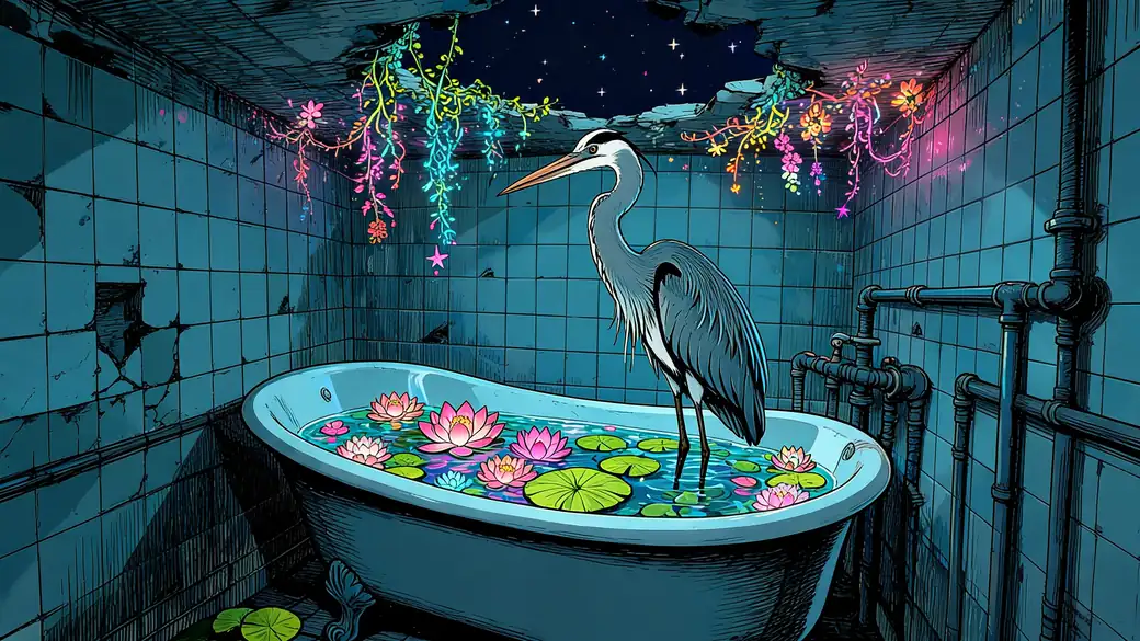 Heron Standing In A Bathtub Full Of Water Lilies