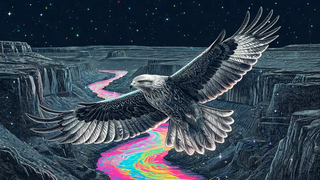 Hawk Soaring Over a Rainbow Canyon River