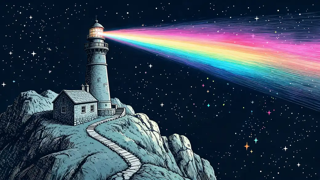 Lighthouse On Asteroid With Rainbow Beam