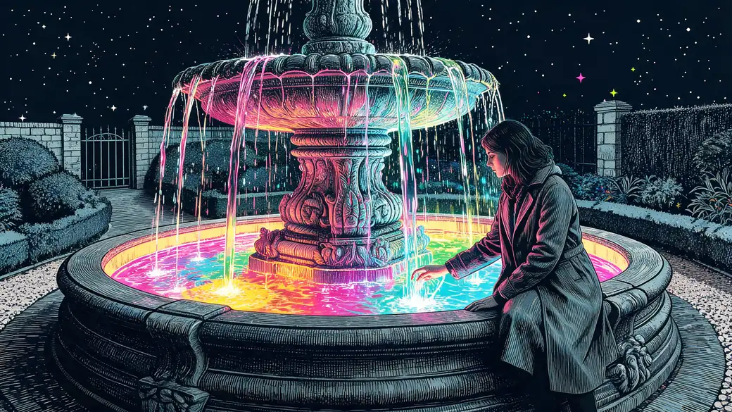 Woman Touching Glowing Rainbow Fountain Water
