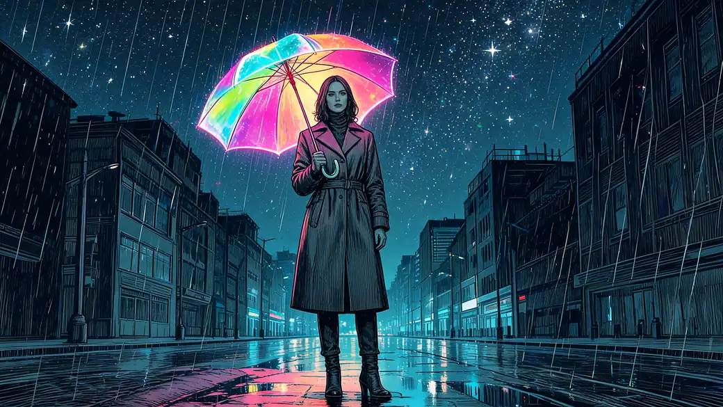 Woman In A Trench Coat With A Rainbow Umbrella