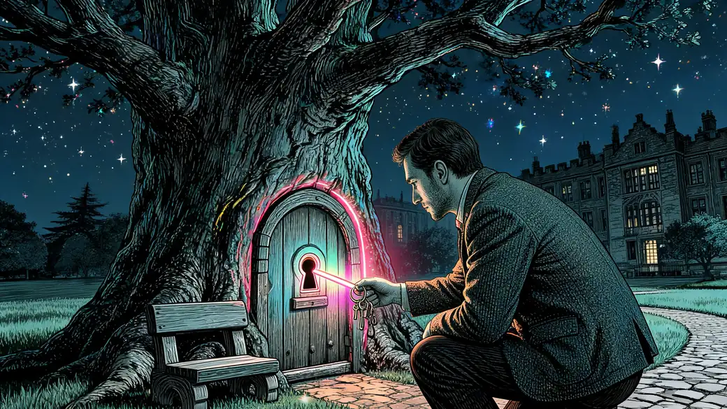 Man Unlocking A Tiny Glowing Door In An Old Oak