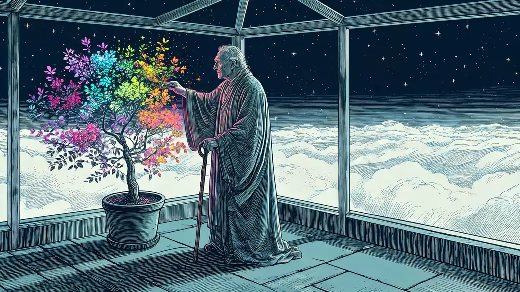 Old Man Touching A Rainbow Tree In A Sky Garden