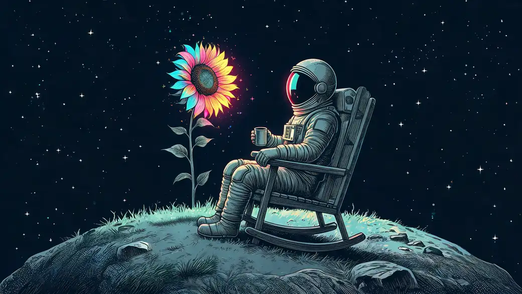 Astronaut In Rocking Chair With Coffee And Sunflower