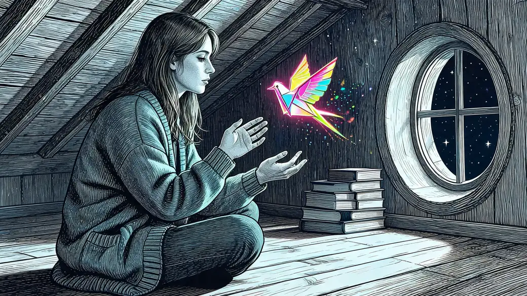 Woman Conjuring A Glowing Origami Bird In The Attic