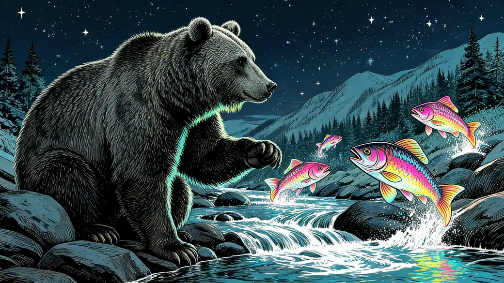 Brown Bear Watching Salmon Leap Up a River