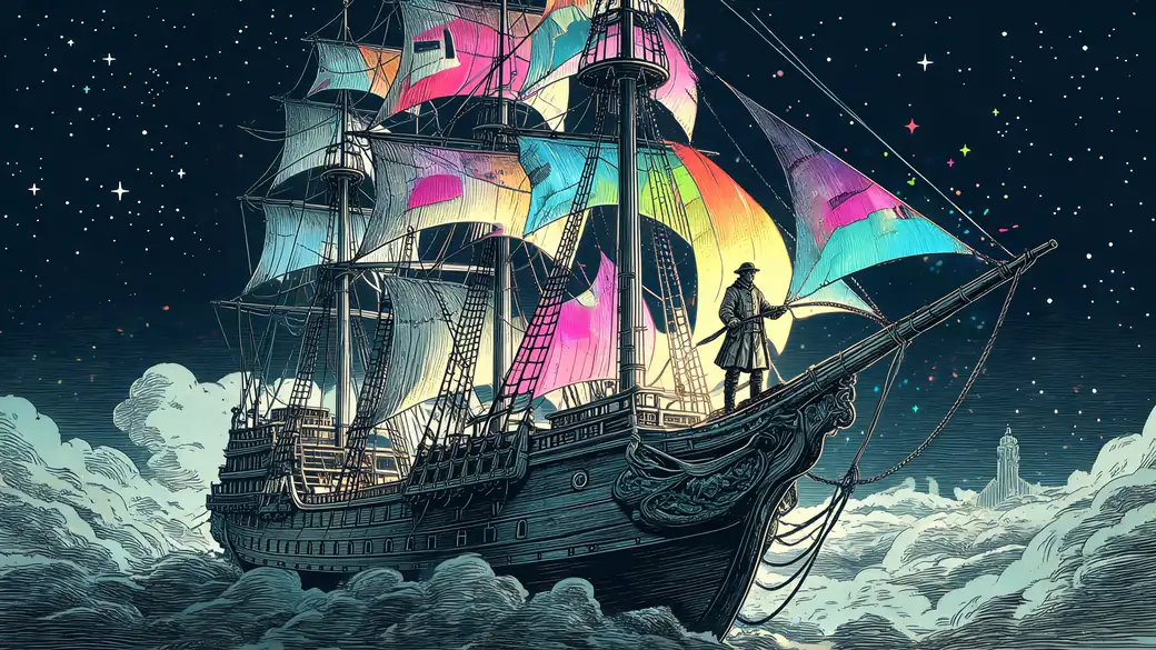 Flying Sailing Ship With A Captain At The Bow