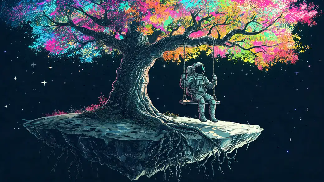 Astronaut On Tree Swing On Floating Island