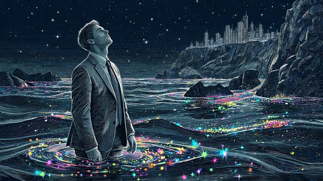 Man Waist Deep In The Sea Below The City