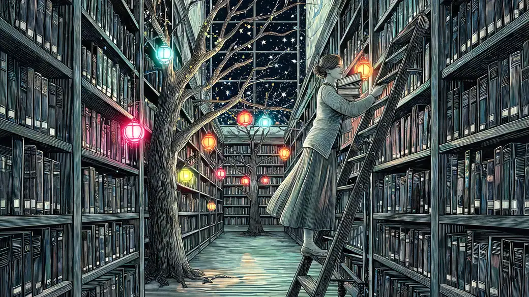 Librarian On A Ladder In A Library Forest