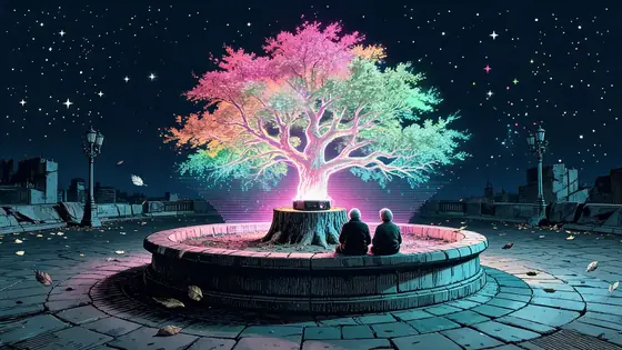 Hologram Tree Growing From A Stump In A Plaza