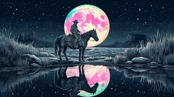 Cowboy Under a Pink Full Moon