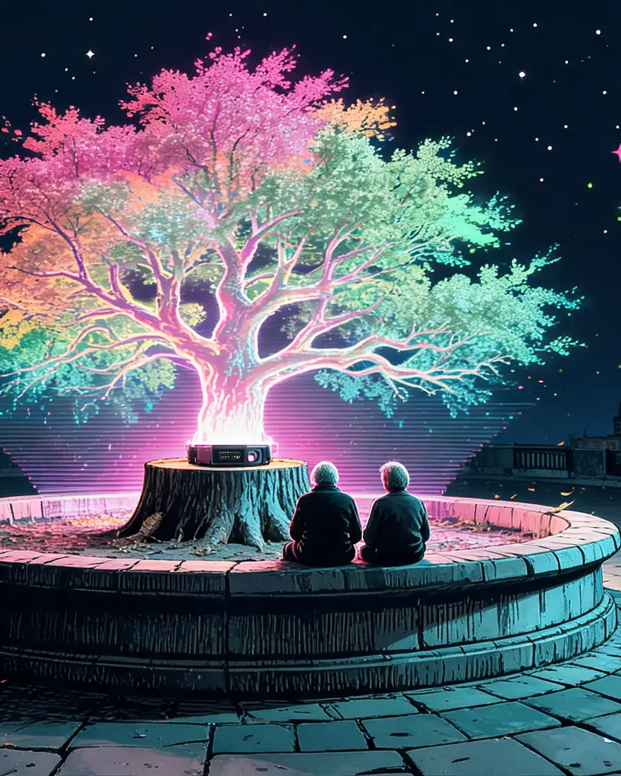 Hologram Tree Growing From A Stump In A Plaza